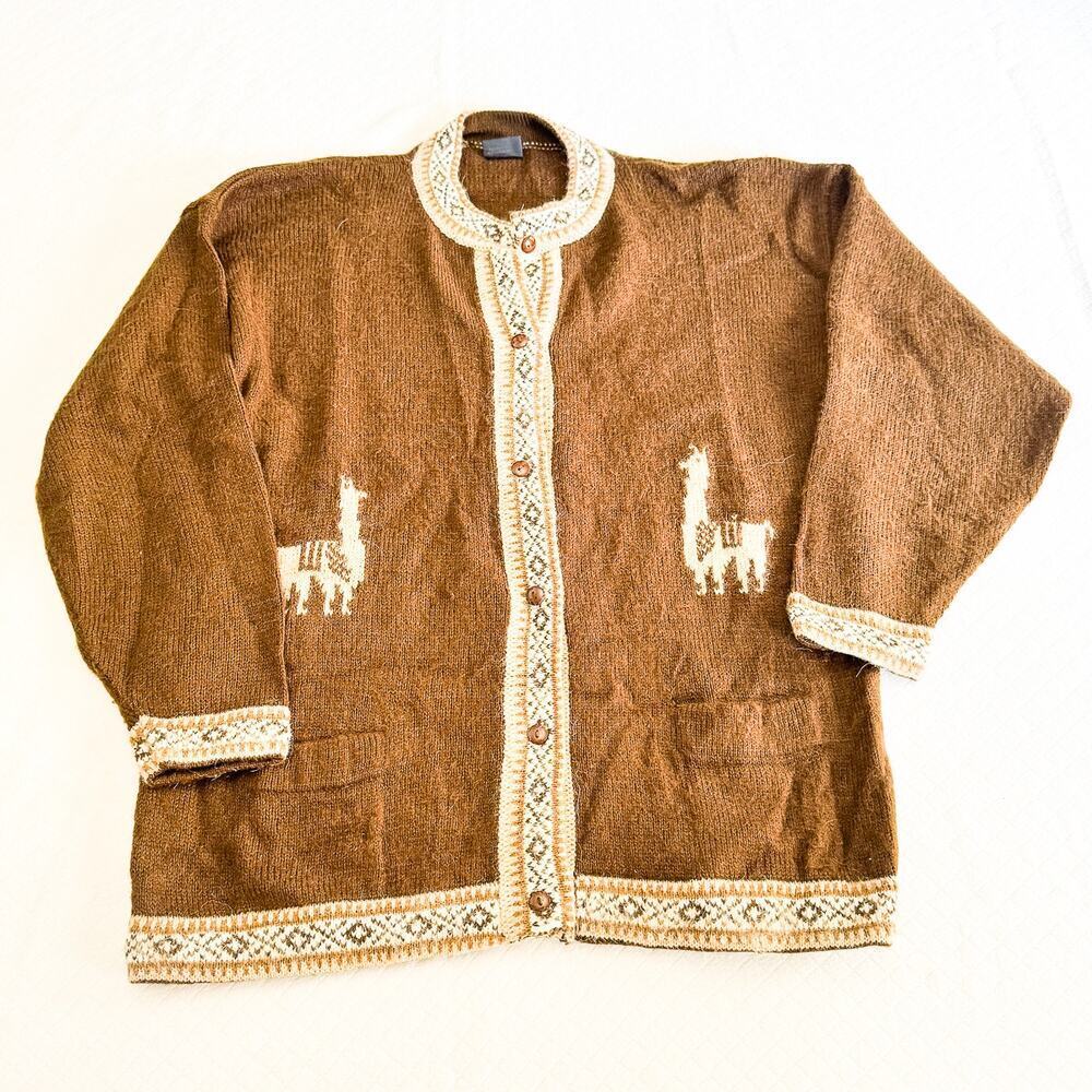 Kactus Artesians Alpaca Cardigan Peru Knit VTG Brown White Southwestern Size M